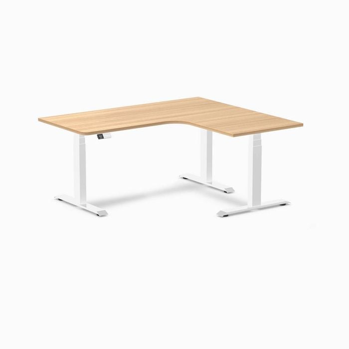 Desky L-shape Sit To Stand Sublime Teak Melamine Desk 1600x1400mm - Right Return Height Adjustable White Leg