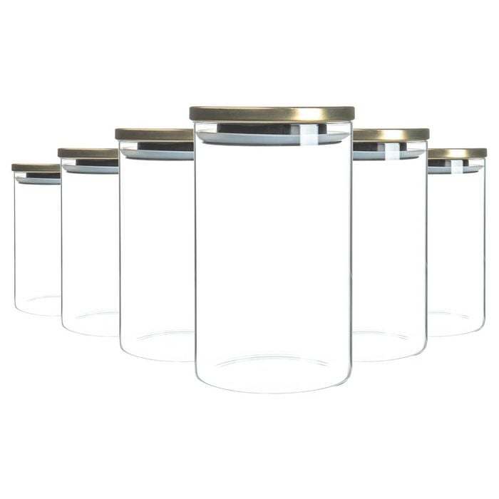 Argon Tableware Glass Storage Jars with Metal Lids - Silicone Seal - 1 Litre - Pack of 6