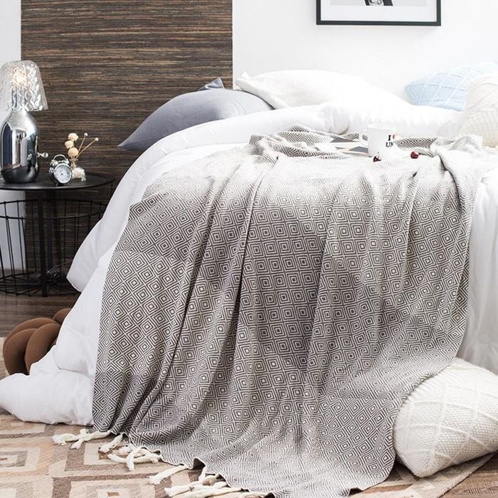 CottonMore Cotton Knitted Tassel Blanket Diamond Pattern Home Decor Throw Rug 180x130cm - Grey