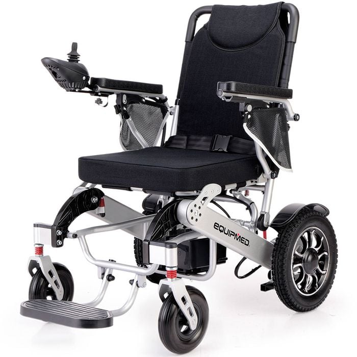 EQUIPMED Power Electric Wheelchair, Airline Approved, Lightweight, Folding, Long Range, Lithium Batteries, Black & Silver
