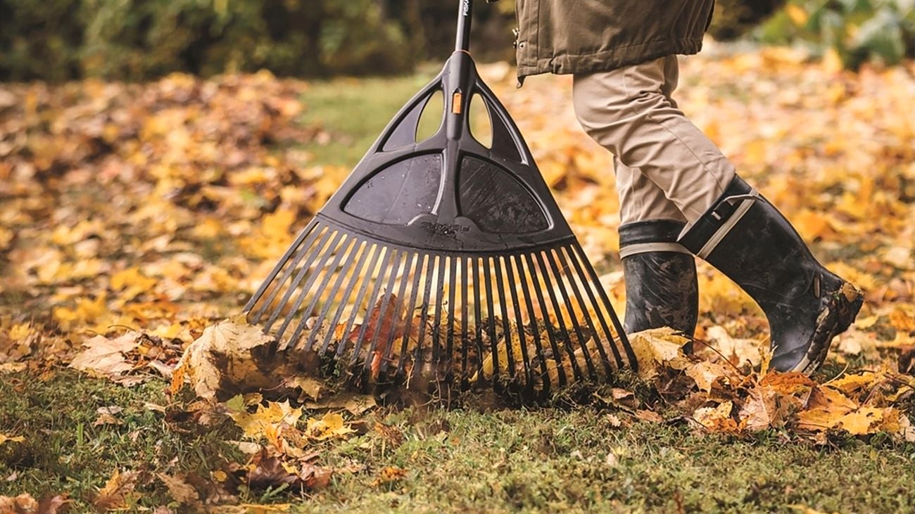 A person wearing gumboots raking leaves.