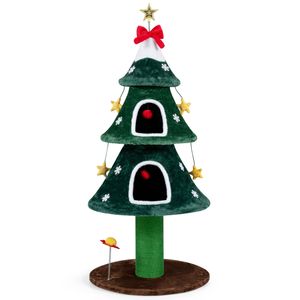 Costway 137.5 cm Christmas Cat Tree Tower w/2 Private Plush Condos Sisal Scratching Post-Green