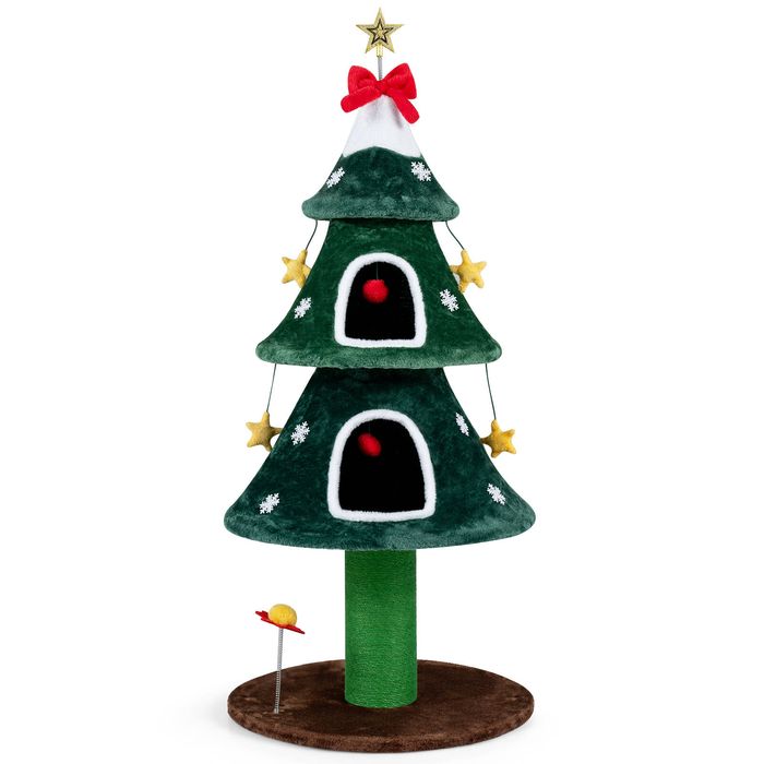 Costway 137.5 cm Christmas Cat Tree Tower w/2 Private Plush Condos Sisal Scratching Post-Green