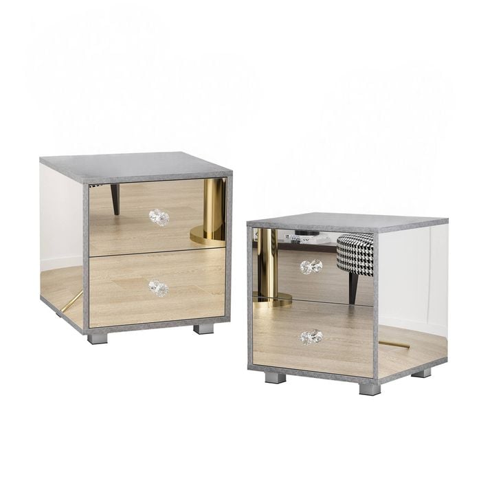 Ufurniture Mirrored Bedside Table Set of 2 Nightstand 2 Drawers Storage Cabinet for Bedroom