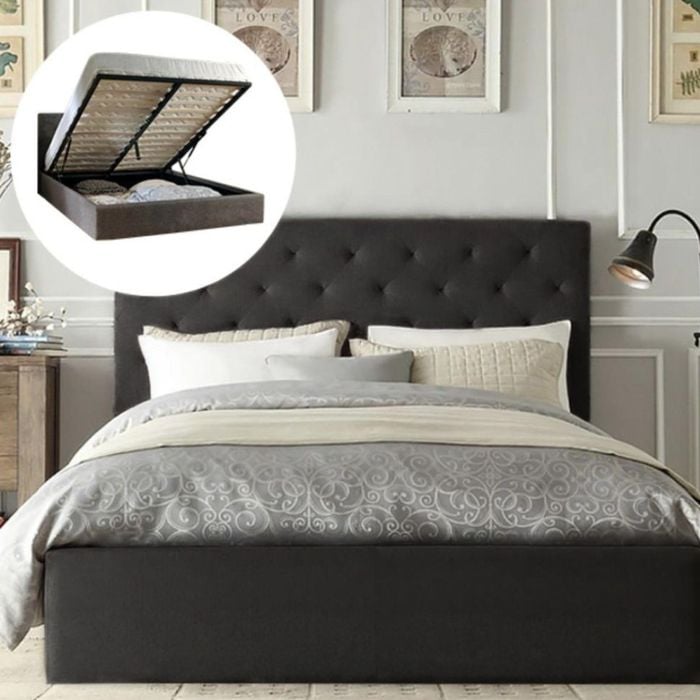 Istyle Chester King Gas Lift Ottoman Storage Bed Frame Fabric Charcoal
