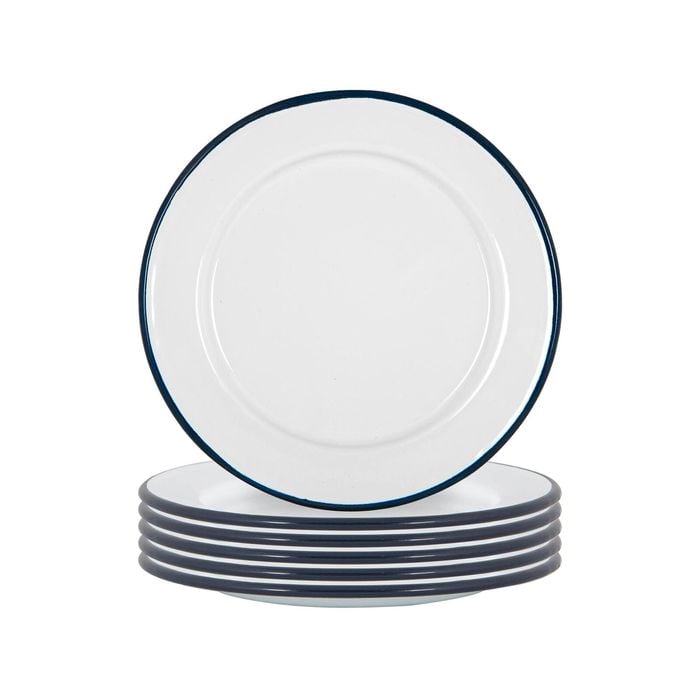 Argon Tableware 20cm Enamel Side Plates - Navy Rim - Set Of 6 - 8inch Small Dish Plates Metal Enamel Tableware Dinner Set