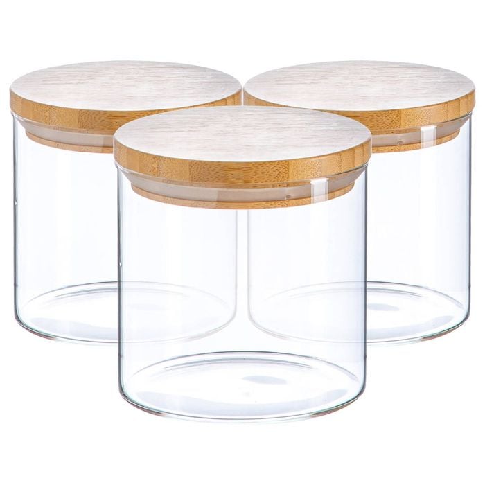 Argon Tableware Glass Storage Jar - Wooden Lid - 550ml - Modern Round Scandi Organisation Container Glass Jar - Set Of 3