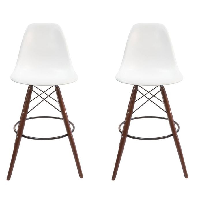 SK Designer Living | Pack of 2 | Replica Eames DSW Stool | Plastic & Walnut - White