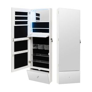 Costway 120cm Mirror Jewelry Box Wall Mounted W/shelf & 3-color Led White