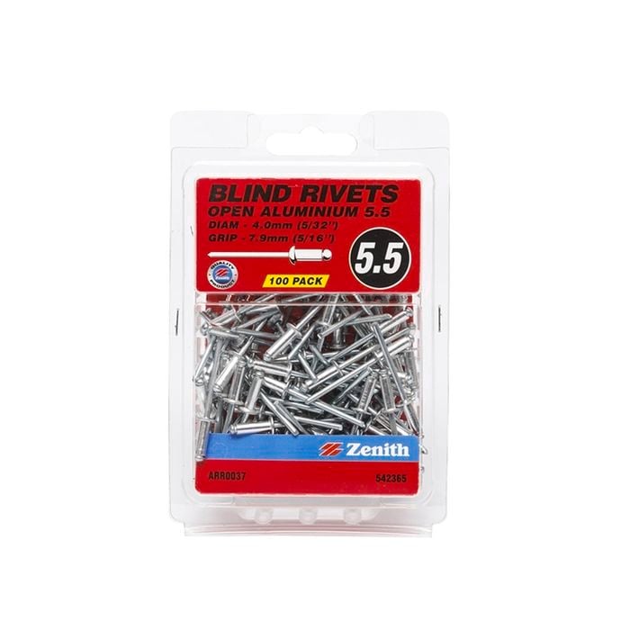 Zenith Blind Rivet Open Alum 5/32"D x 5/16"G 100pk
