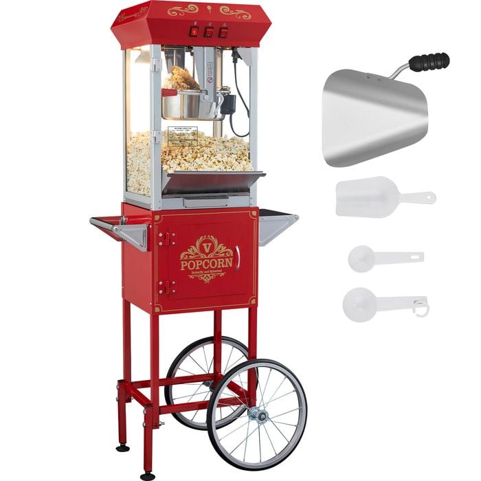 Vevor 850w Popcorn Maker With Cart Red 8 Oz Kettle Makes 48 Cups Per Batch With Tempered Glass