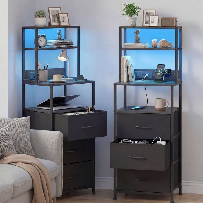 Advwin LED Bedside Table Set of 2 with Charging Station 3 Fabric Drawers Nightstand Black