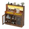 Advwin Wine Bar Cabinet w/ LED Lights Charging Station Glass Holder Rustic Brown