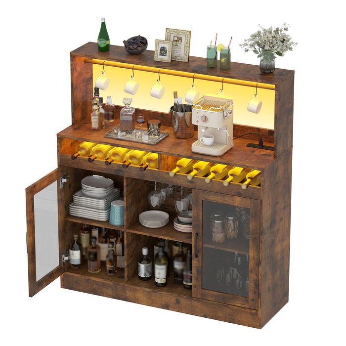 Advwin Wine Bar Cabinet w/ LED Lights Charging Station Glass Holder Rustic Brown