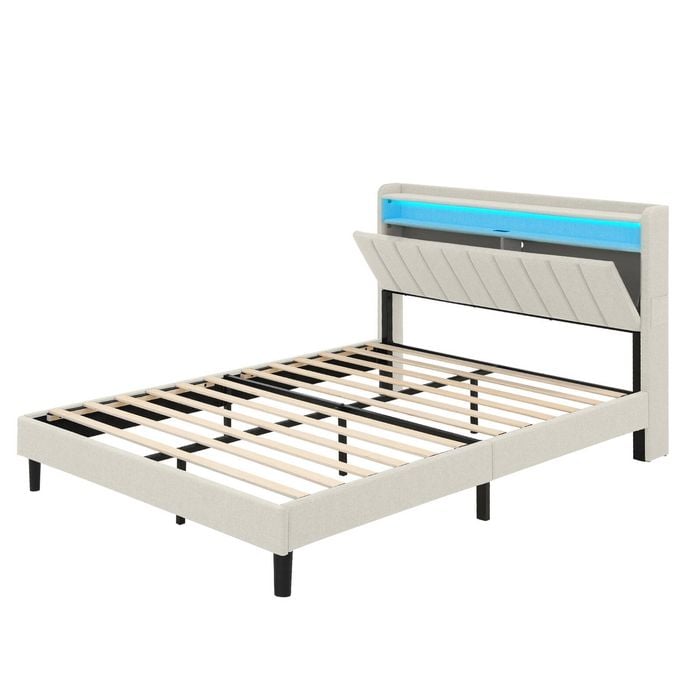 Familand LED Queen Bed Frame Storage Headboard Charging Station in Cream