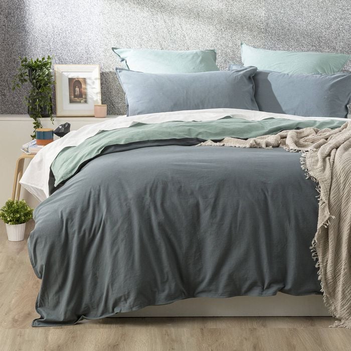 Renee Taylor Essentials Vt Stone Washed Reversible Quilt Cover Set Queen Mineral