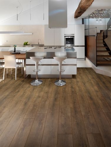 Modern kitchen with timber-look floor