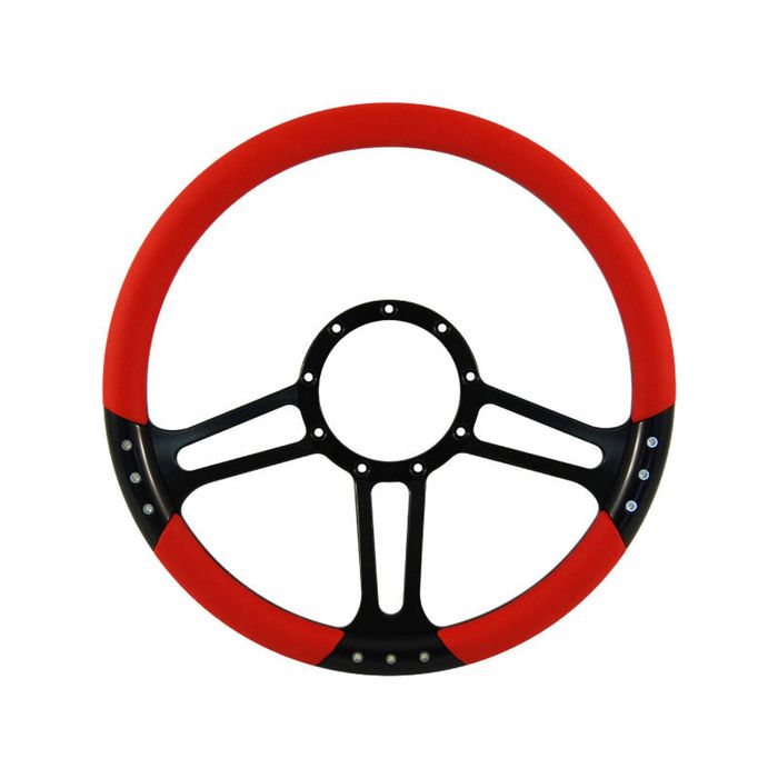 Cal Custom 14" Boost Billet Steering Wheel Red Half-Wrap Anodised Black Spokes & Finger Notches