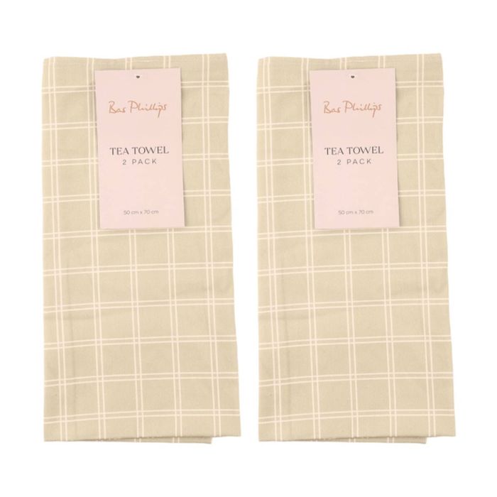 2x 2pc Bas Phillips Printed Linen Looks Tea Towel Set Cotton Green Check
