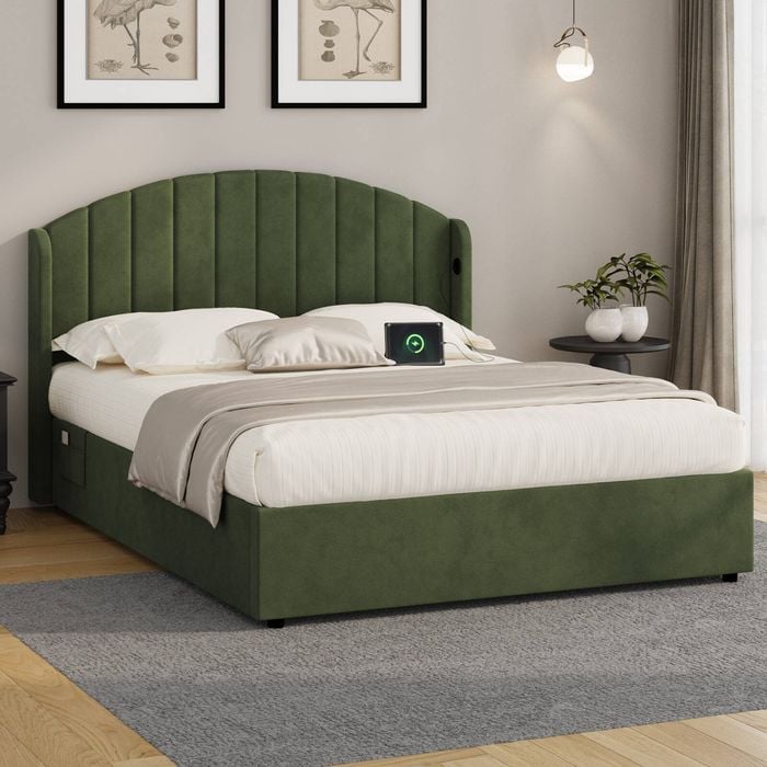 Oikiture Bed Frame Queen Size With Gas Lift Storage Usb Charging Velvet
