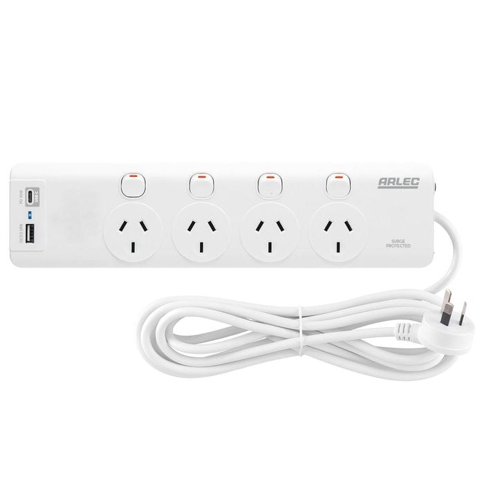 Arlec 4 Outlet Individually Switched Surge Powerboard With PD30W Rapid Charging USB A And C