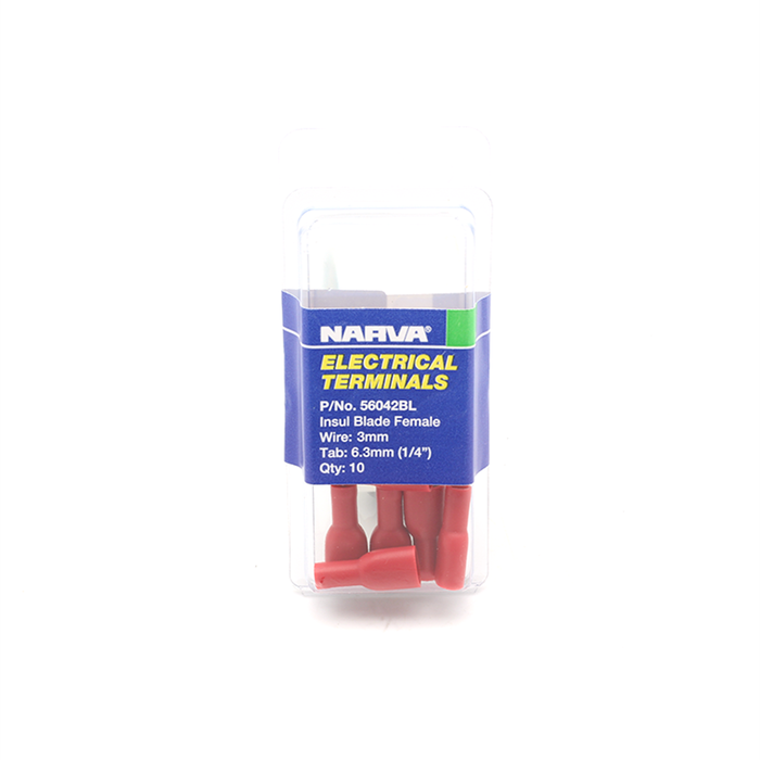 Narva 2.5-3 / 6.3 x 0.8mm 1/4" Red Double Crimped Flared Vinyl Fully Insulated Female Blade Terminal - 10 Pack