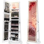 Costway Revolving Mirror Cabinet Jewelry Storage Shelves White