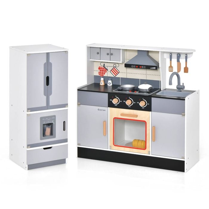 Costway Kids Kitchen Pretend Playset Wood Cooking Toys, Grey
