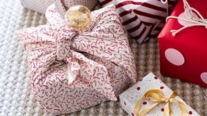 Gift wrapped in red and white cloth.
