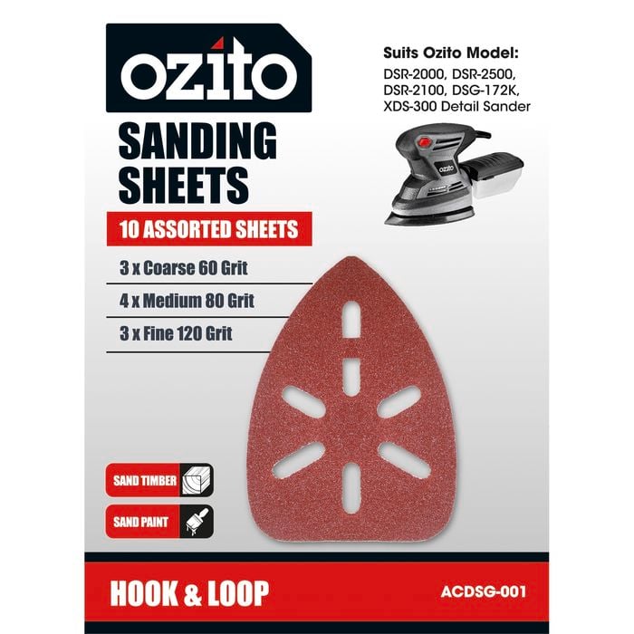 Ozito Detail Sander Assorted Grits Sanding Sheets - 10 Pack
