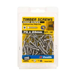 Zenith 7G x 25mm Chrome Plated Countersunk Head Hinge Timber Screws - 100 Pack