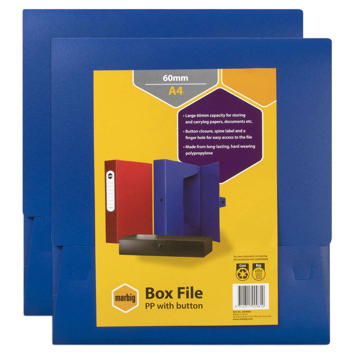 2x Marbig Pp A4 60mm Box File W/ Button Document Paper/stationery Organiser Blue