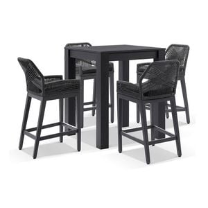 Santorini Outdoor Aluminium Square Bar Table Charcoal With 4 Hugo Rope Stools & Denim Grey Cushions