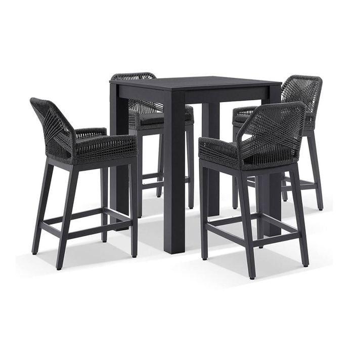 Santorini Outdoor Aluminium Square Bar Table Charcoal With 4 Hugo Rope Stools & Denim Grey Cushions