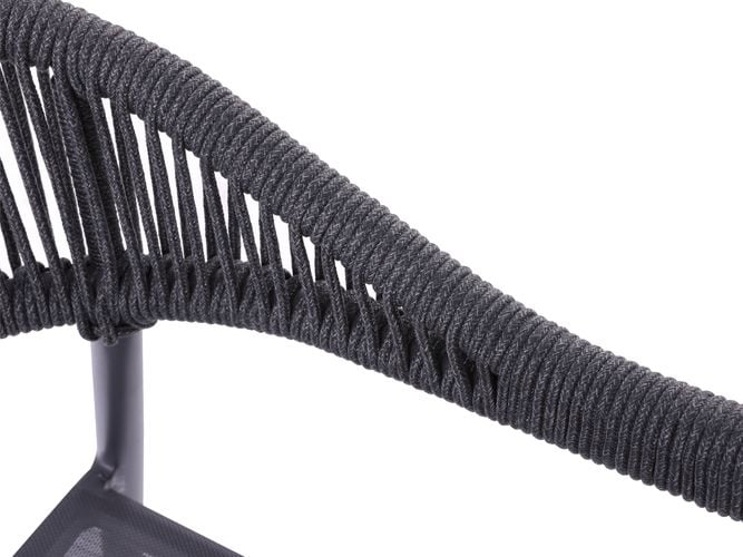 Close up of the armrest of a rope outdoor dining chair
