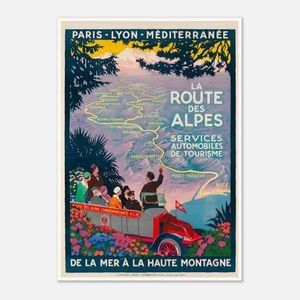 Galrie Vintage Paris Lyon Mediterranean Alps Route Travel Poster Classic French Artwork, Black Frame, 50 x 70cm (20 x 28inch)
