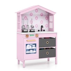 Costway Kid Kitchen Playset House-shaped Chef Pretend Play Kitchen Toy Pink