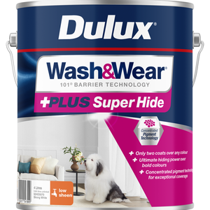 Dulux 4L Interior Paint Wash&Wear +PLUS Super Hide Low Sheen Strong White - 4L