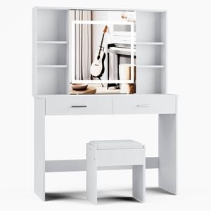 Ufurniture Dressing Table with LED Slide Make up Mirror Hidden Storage Shelf White
