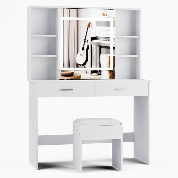 Ufurniture Dressing Table with LED Slide Make up Mirror Hidden Storage Shelf White