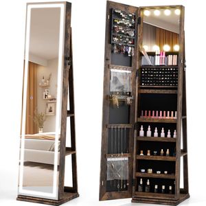 Costway 360° Swivel Jewelry Cabinet w/Mirror Brown