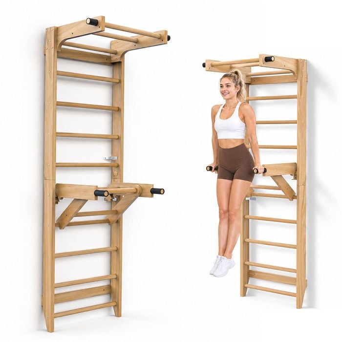 Advwin Swedish Ladder Wall Gym, Wooden Suspension Trainer with Pull-up Bar & Adjustable Dip Station for Home Gym