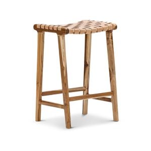 Lazie 66cm Natural Tan Leather Strapping Teak Wood Bar Stool