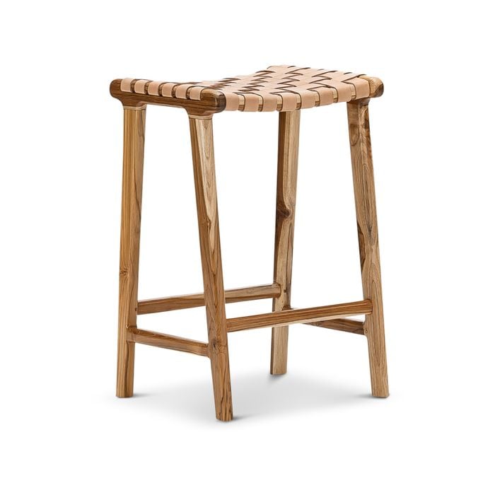 Lazie 66cm Natural Tan Leather Strapping Teak Wood Bar Stool