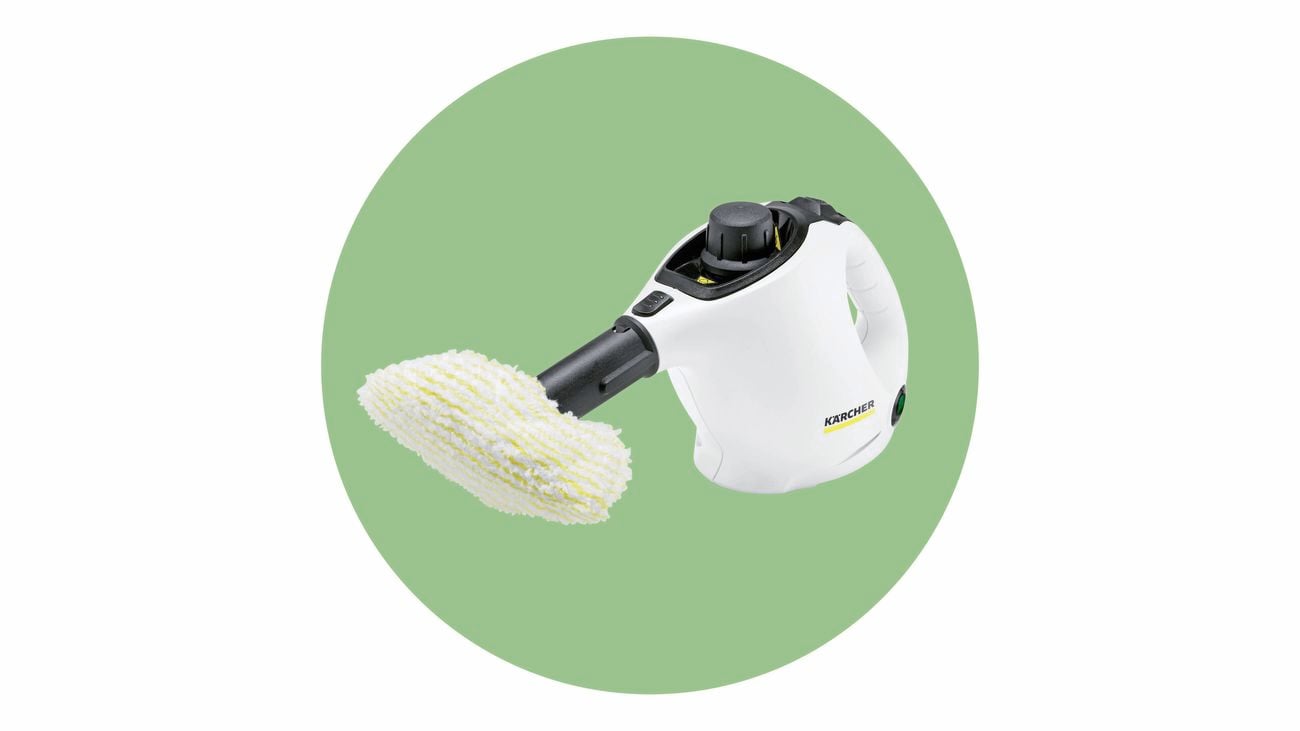 A close-up product shot on a green background of a Karcher steam cleaning used for spring cleaning