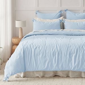 Dreamaker Bonnie Washed Cotton Quilt Cover Set With Bows Sky King Bed