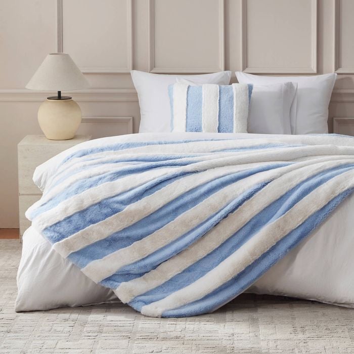 Dreamaker Denver Carved Stripe Faux Fur Throw Sky 180x200cm