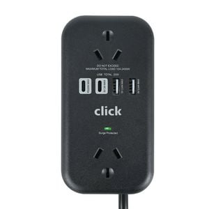 Click Fast Charging 2 Outlet Black Powerboard with USB A & C Outlets and Cord Storage