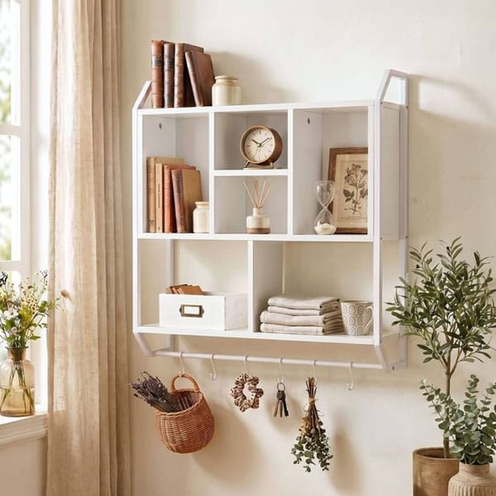 HOMFURN Floating Wall Shelf 73.5cm White 6 Hooks Cubby Rack Kitchen Bathroom Storage