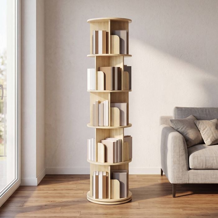 Advwin 5 Tier Rotating Bookshelf 360° Spinning Bookcase Revolving Storage Shelf Oak